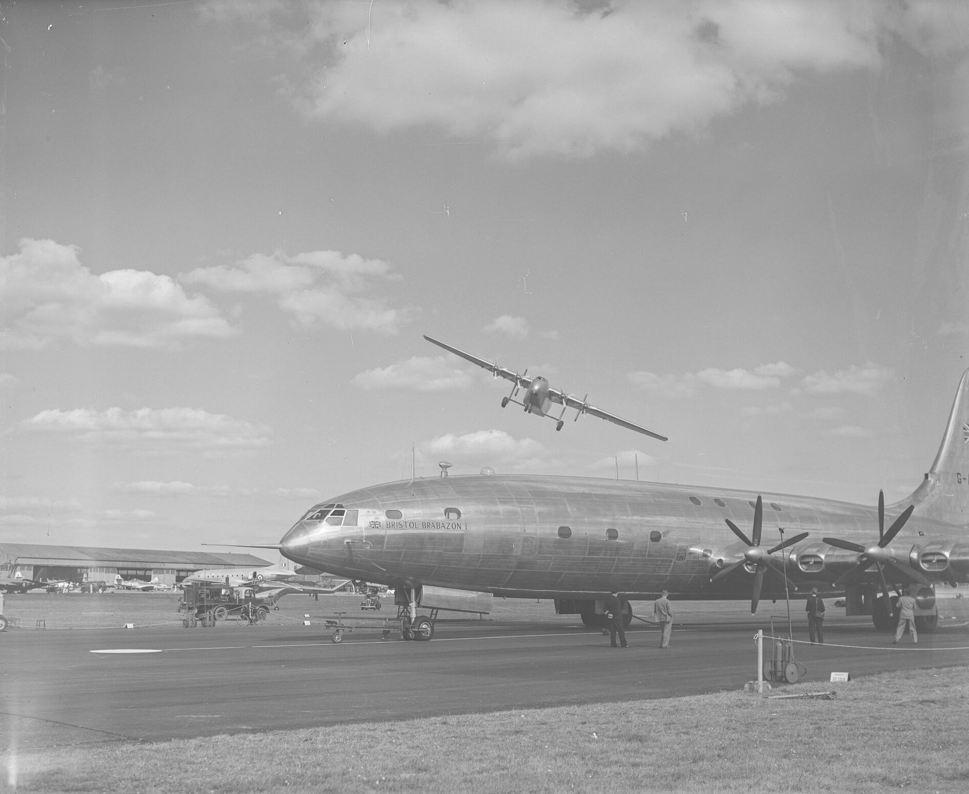 Blackburn and General Universal Freighter flying over the Bristol Brabazon during the SBAC Farnborough show, September 1950.