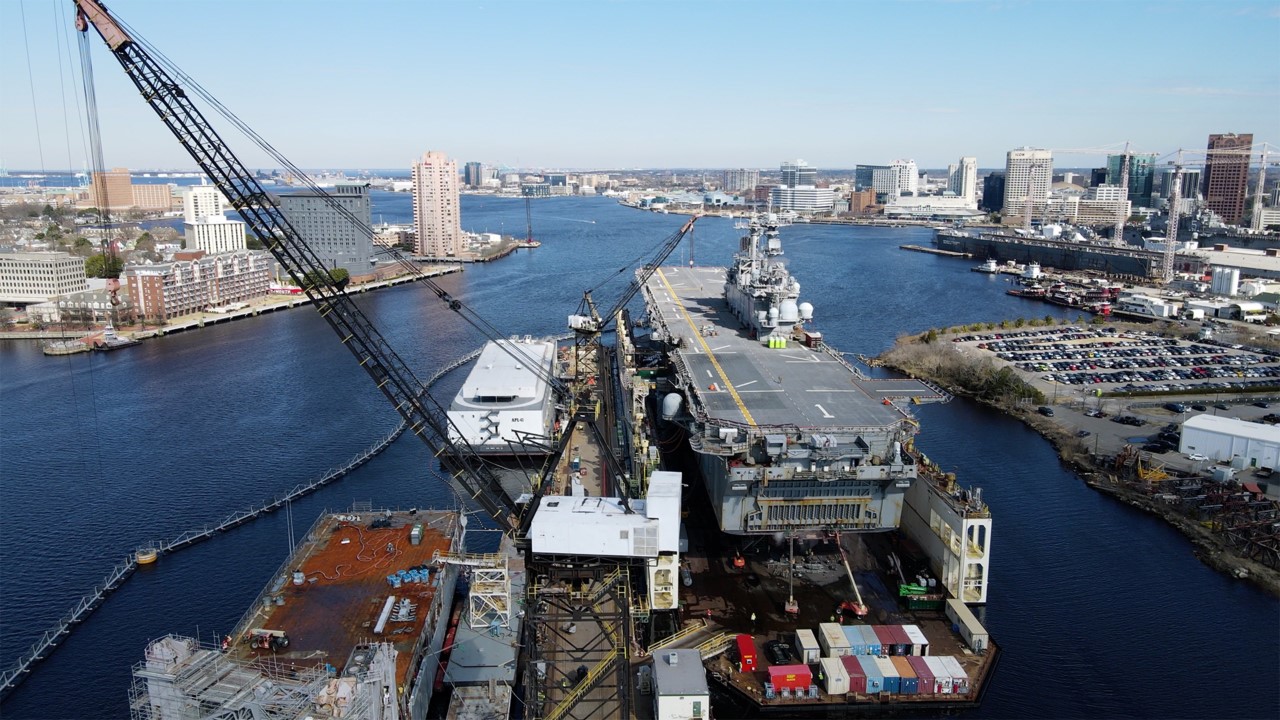 BAE Systems’ Norfolk, Virginia shipyard recently dry-docked USS Wasp (LHD 1) to start a year-long maintenance project onboard the 843-foot-long (or 257-meter-long) amphibious assault ship.
