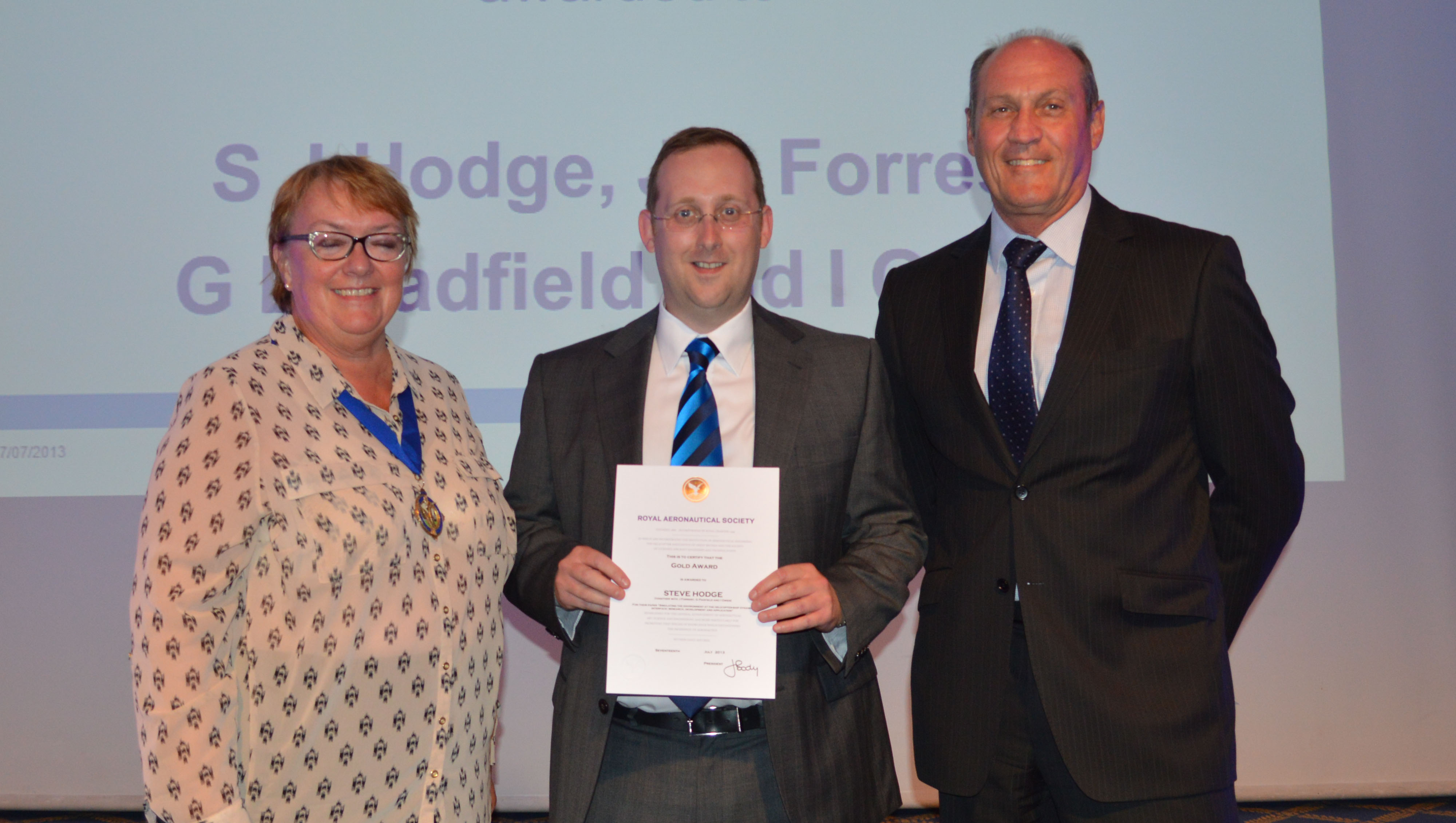 Jenny Body, RAeS President, Steve Hodge and Prof. Ieuan Owen (co-author from the University of Liverpool)