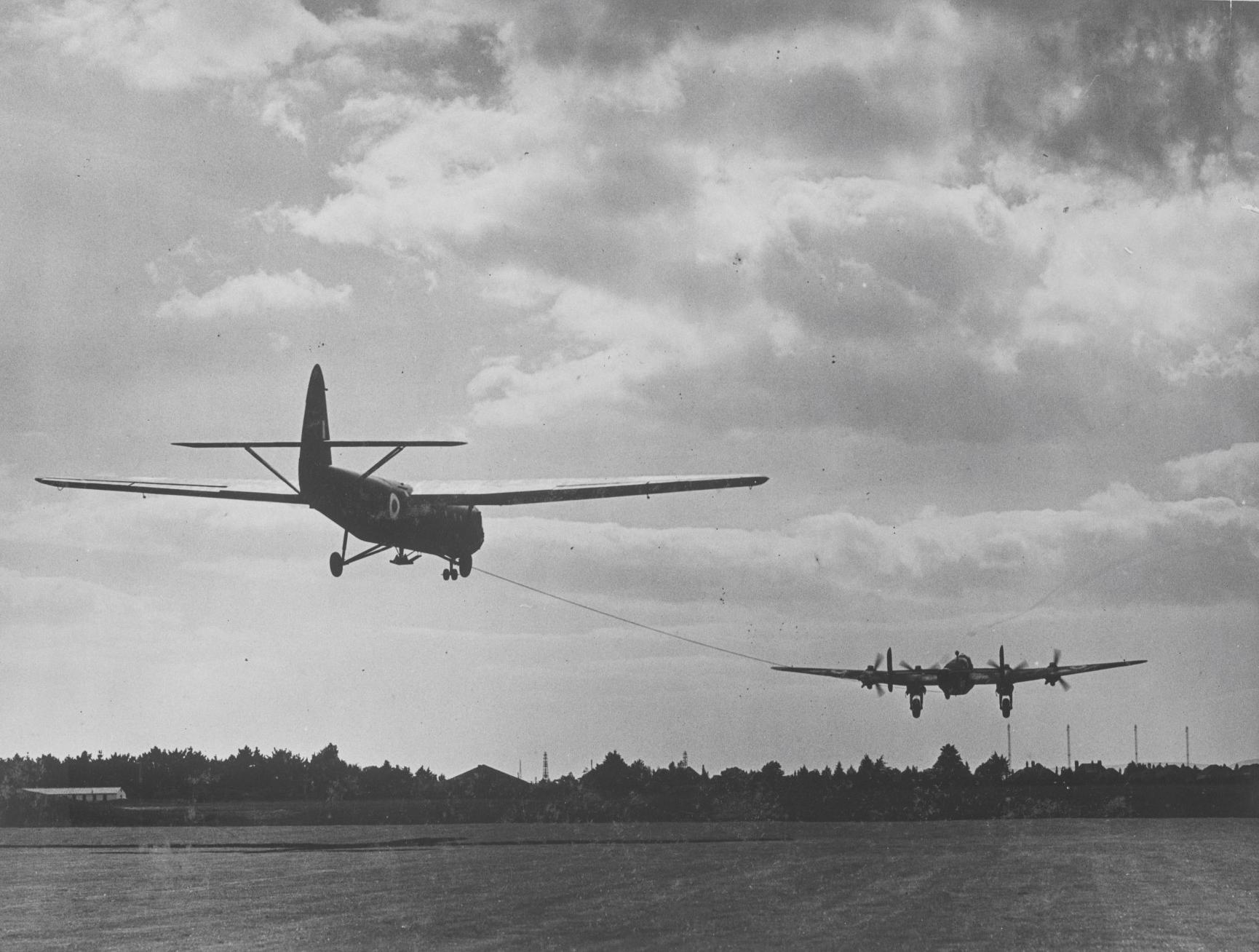 Horsa Glider taking off, being towed by a Handley Page Halifax.
