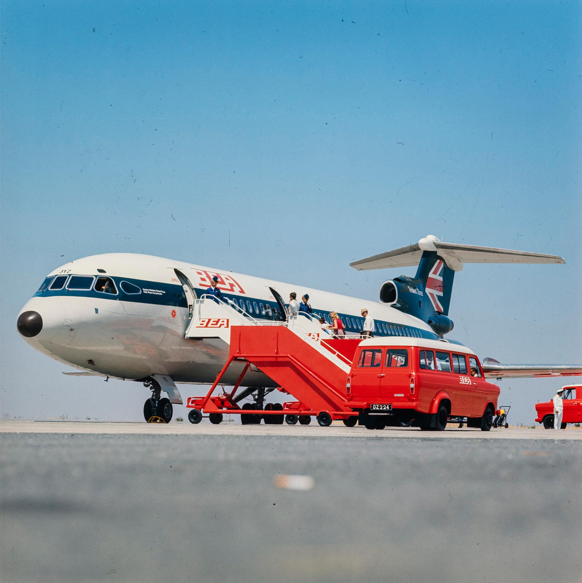 Passengers boarding a British European Airways (BAE) Hawker Siddeley Trident Three, c. 1969.