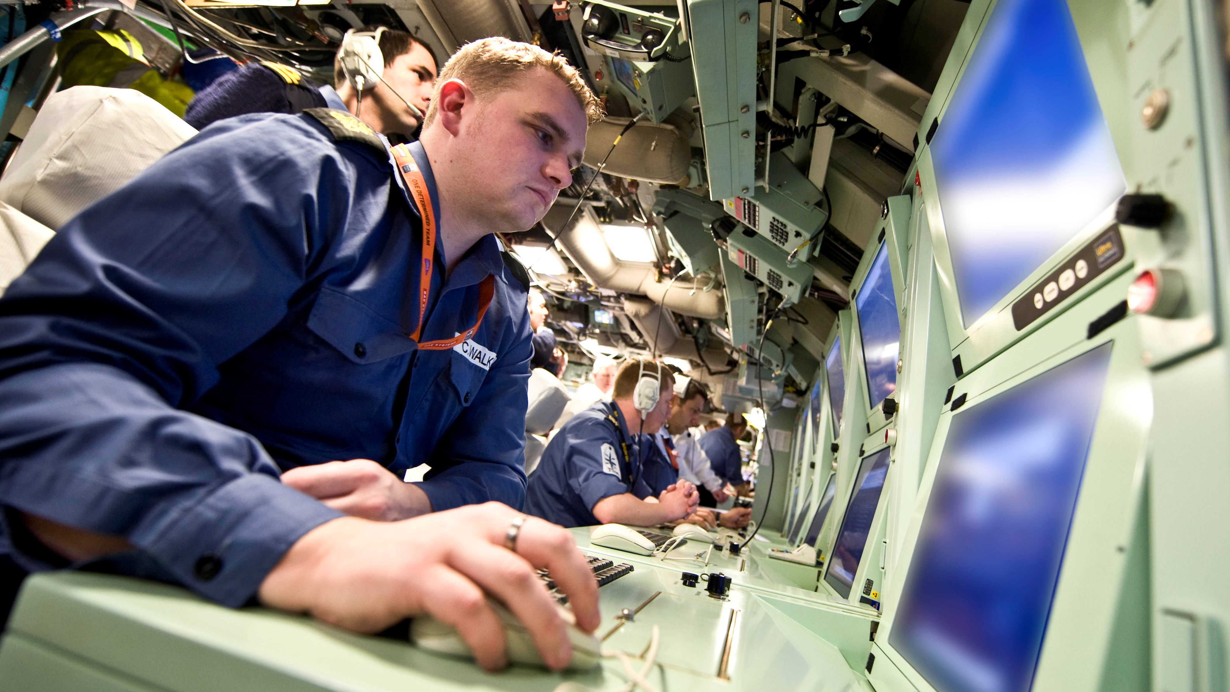 Control room of HMS Astute during an installed combat system trial