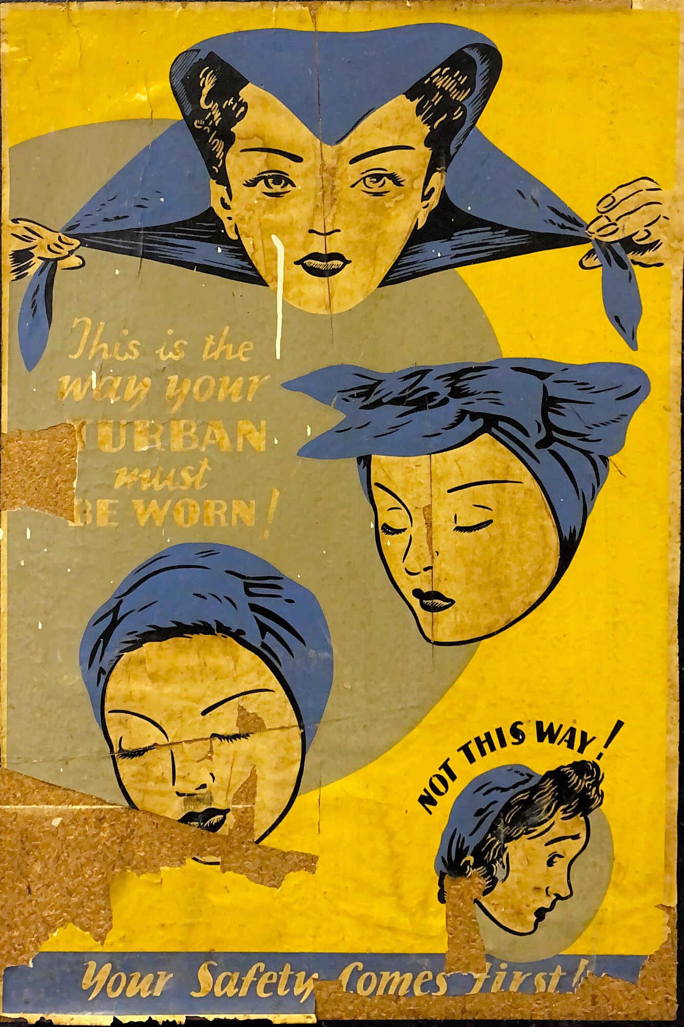 Second World War era poster from ROF Glascoed showing the correct method for female munitions workers to wear protective turban.