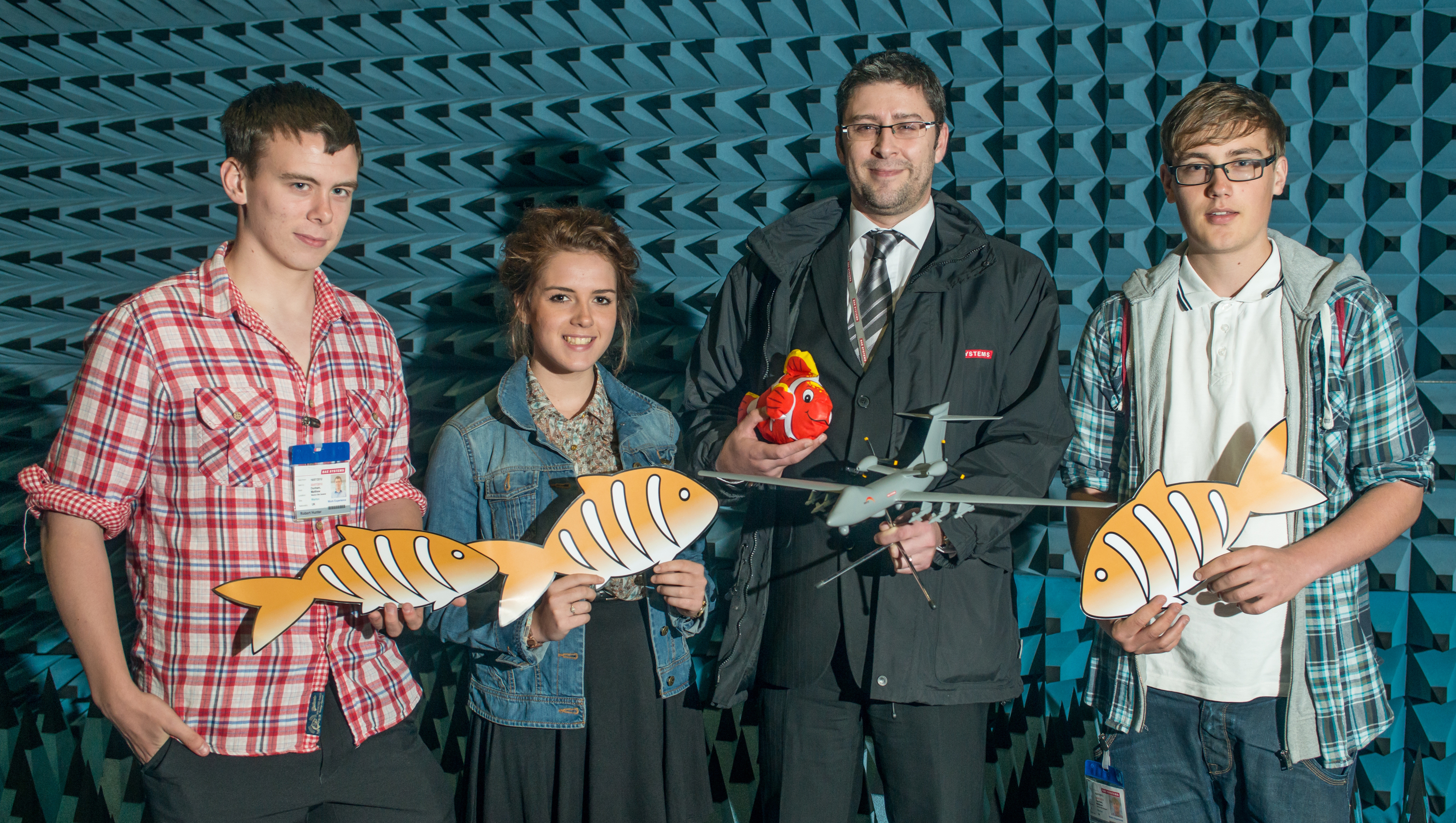 Nick Colosimo and students in the electronic warfare facility at BAE Systems Warton