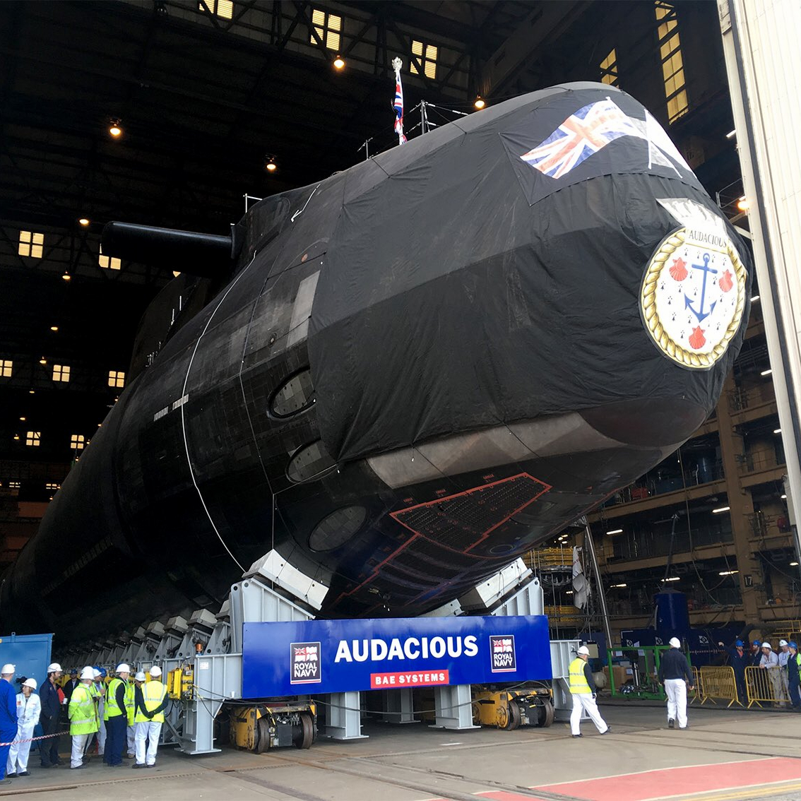 Image of Audacious leaving Devonshire Dock Hall, April 2017