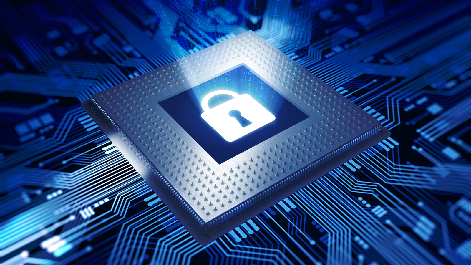 Illustrated computer circuit with a padlock-shaped light beaming from the center of a microchip, emblematic of BAE Systems’ data security expertise across all platforms and our portfolio of class-leading cybersecurity technologies.