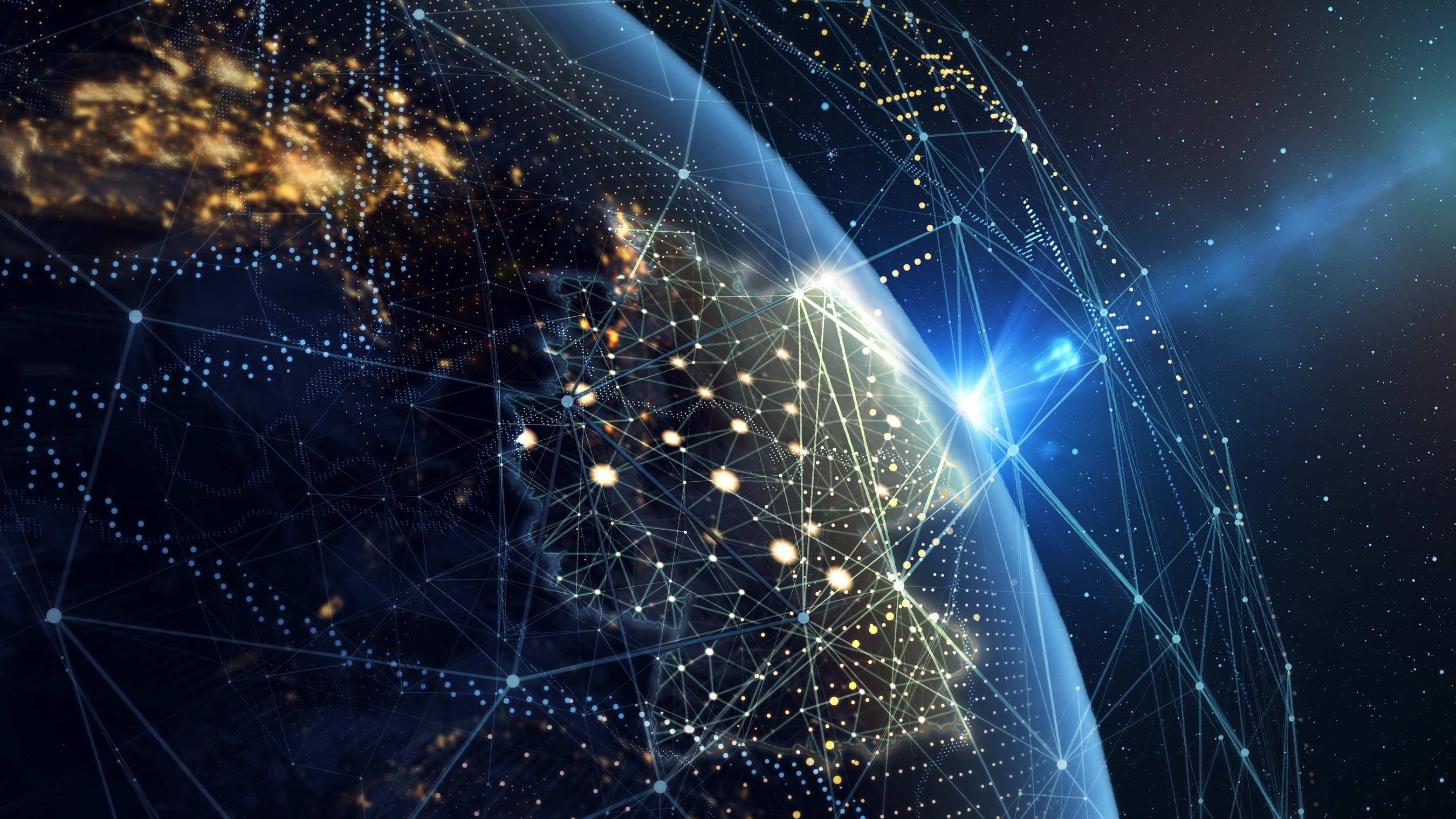 A artist’s concept shows satellite network connections over Germany and the planet Earth.