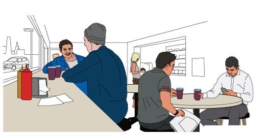 A group of animated characters sitting in a coffee shop drinking coffee