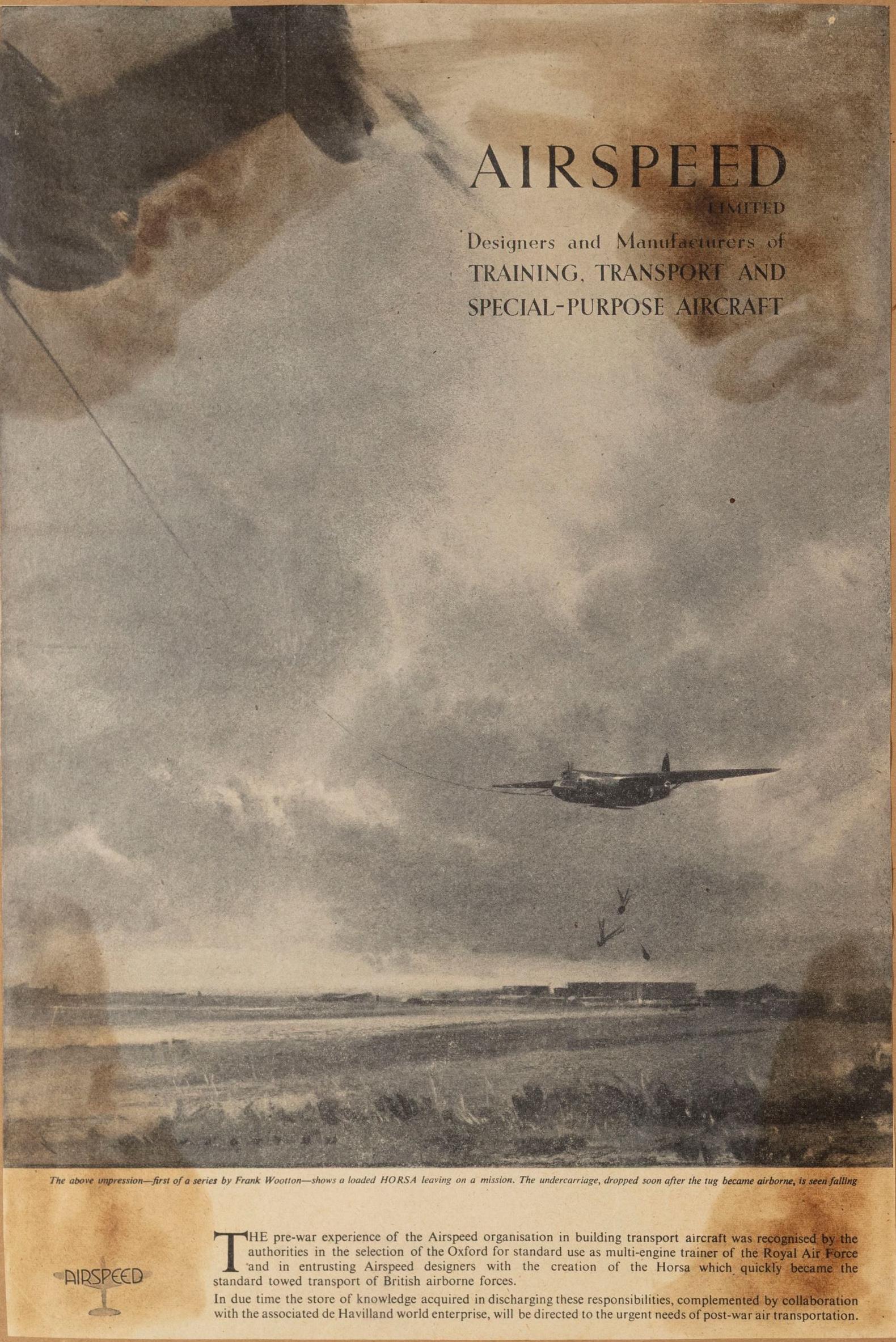 Airspeed Horsa advertisement proof, from a series of adverts for the Horsa glider featuring artwork by Frank Wootton, 1943.