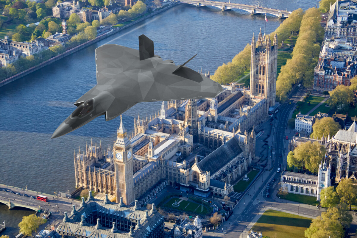 A CGI image of how the Tempest aircraft could look flying over the Houses of Parliament in London