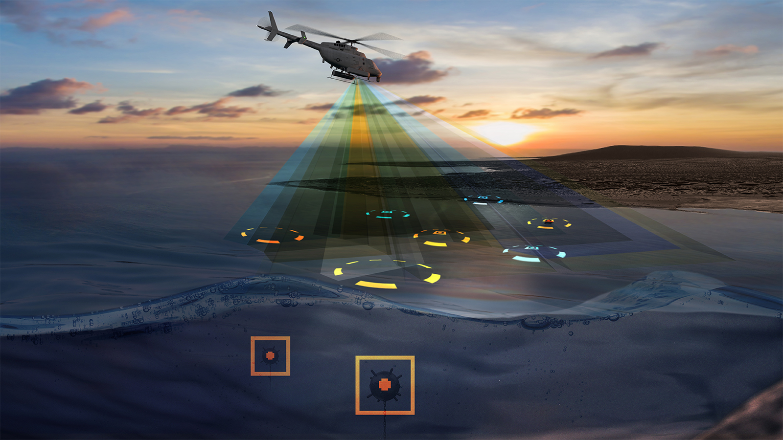 From the beach to the open ocean, our airborne mine detection technology detects threats and performs onboard real-time processing, alerting the warfighter to dangers that lie below.