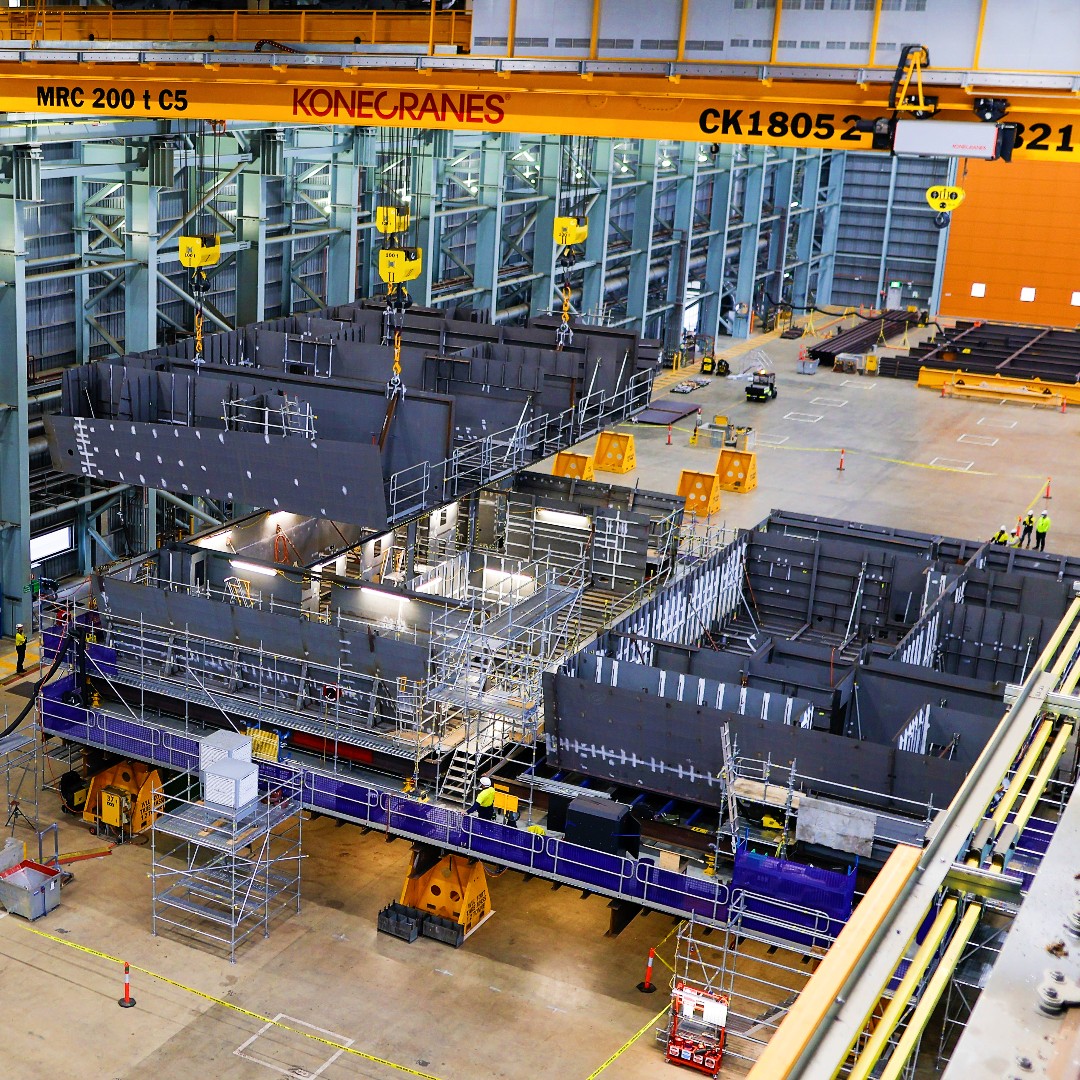 Vertical construction: Hunter program progress at the Osborne Naval Shipyard in SA: the first two fabricated units undergoing vertical construction, which is the process of joining units together to form a prototype block.