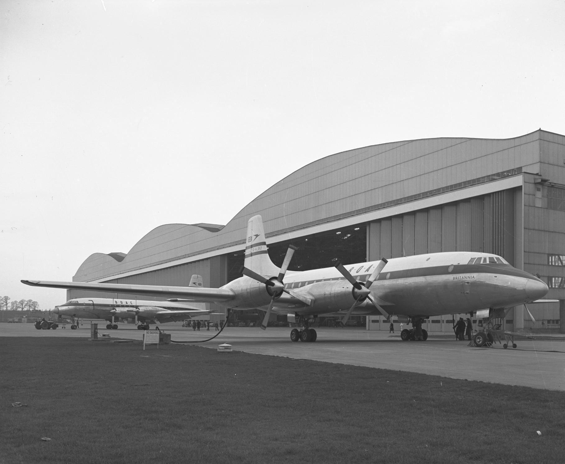 Bristol Type 175 Britannia outside hangars at Filton after first flight of prototype, 16th August 1952.