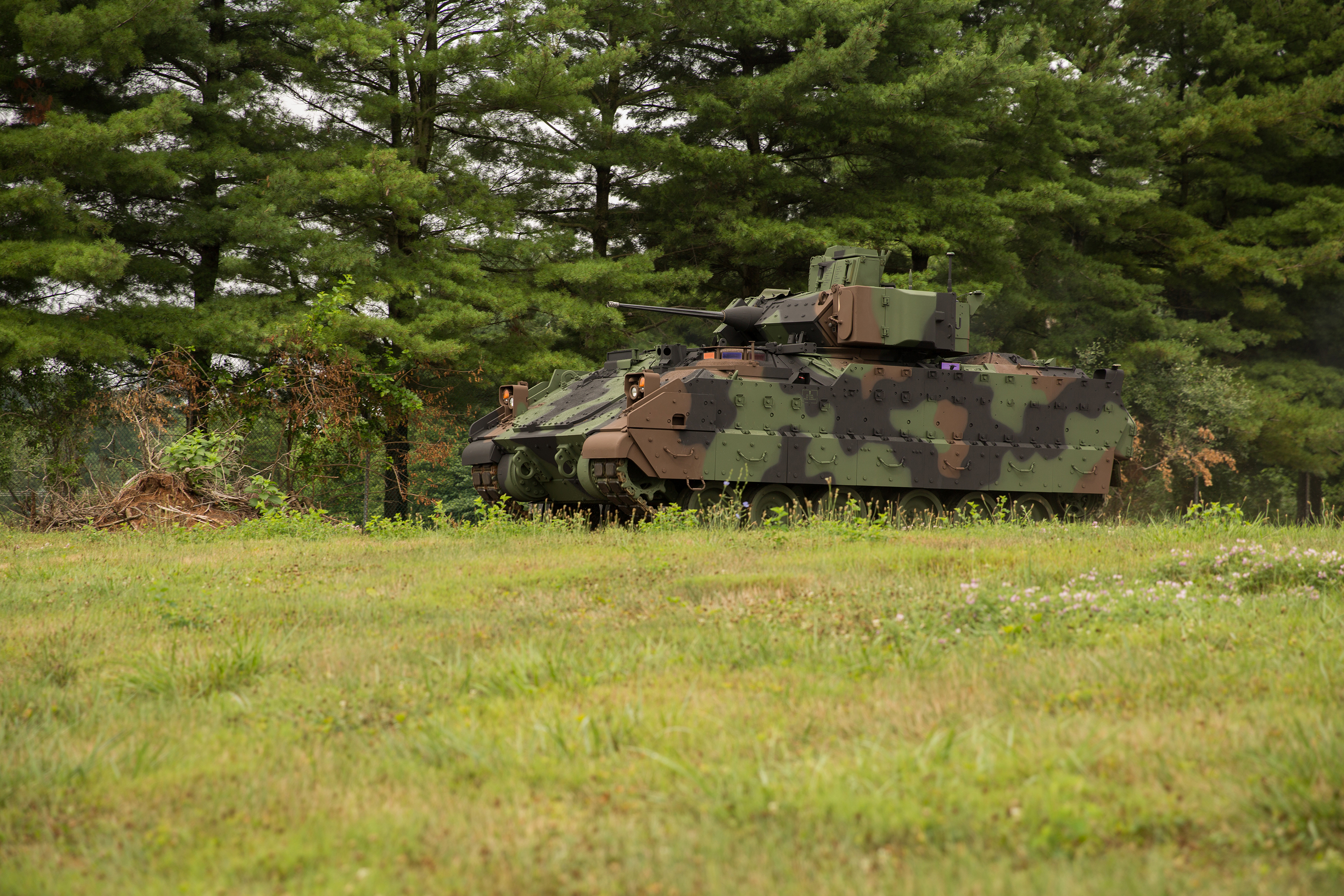 A green, brown, and gray camouflage Bradley Fighting Vehicle in front of a forest