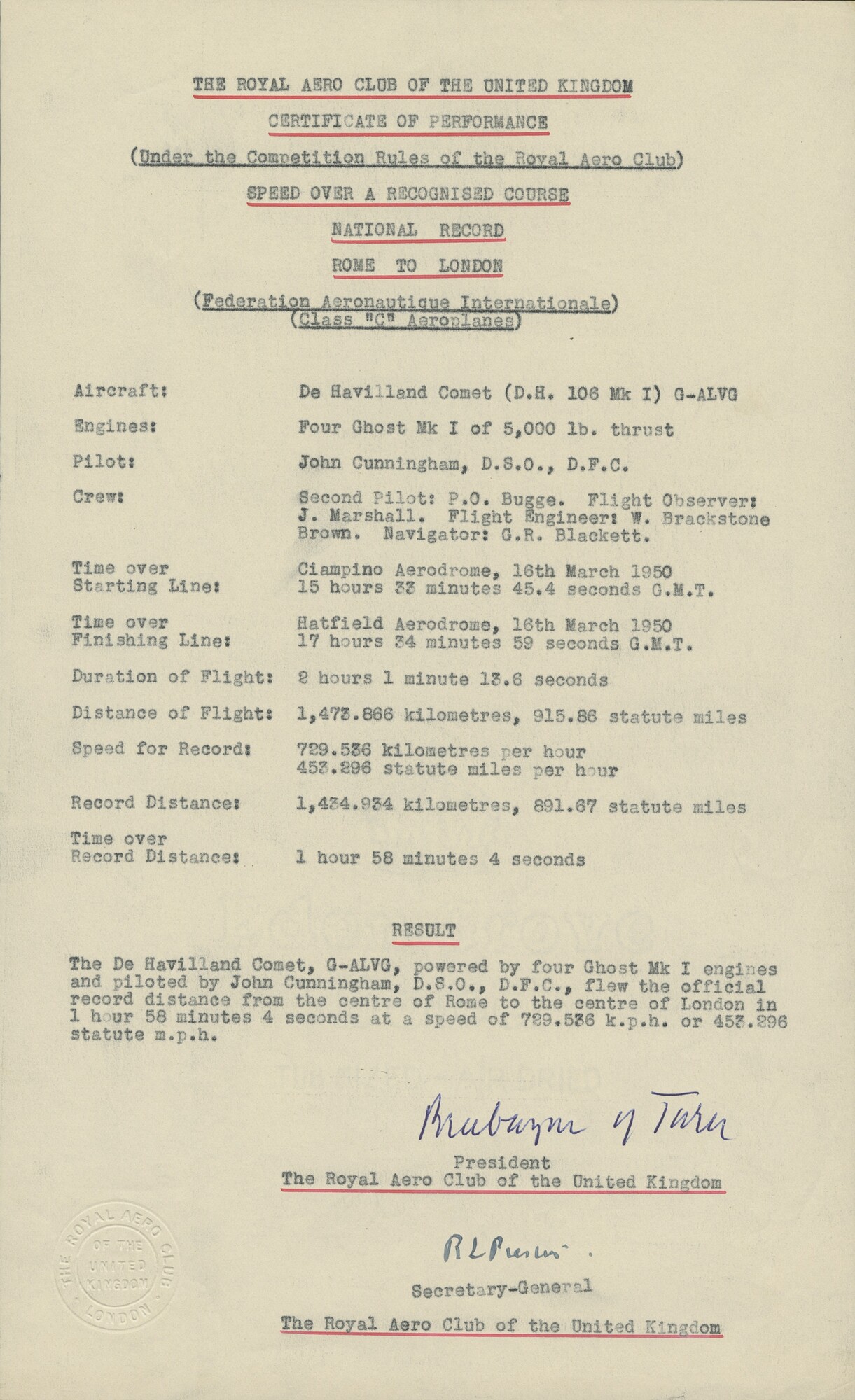 de Havilland DH.106 Comet 1 (G-ALVG) National Record Cerificate for fastest time from Rome to London, 16th March 1950