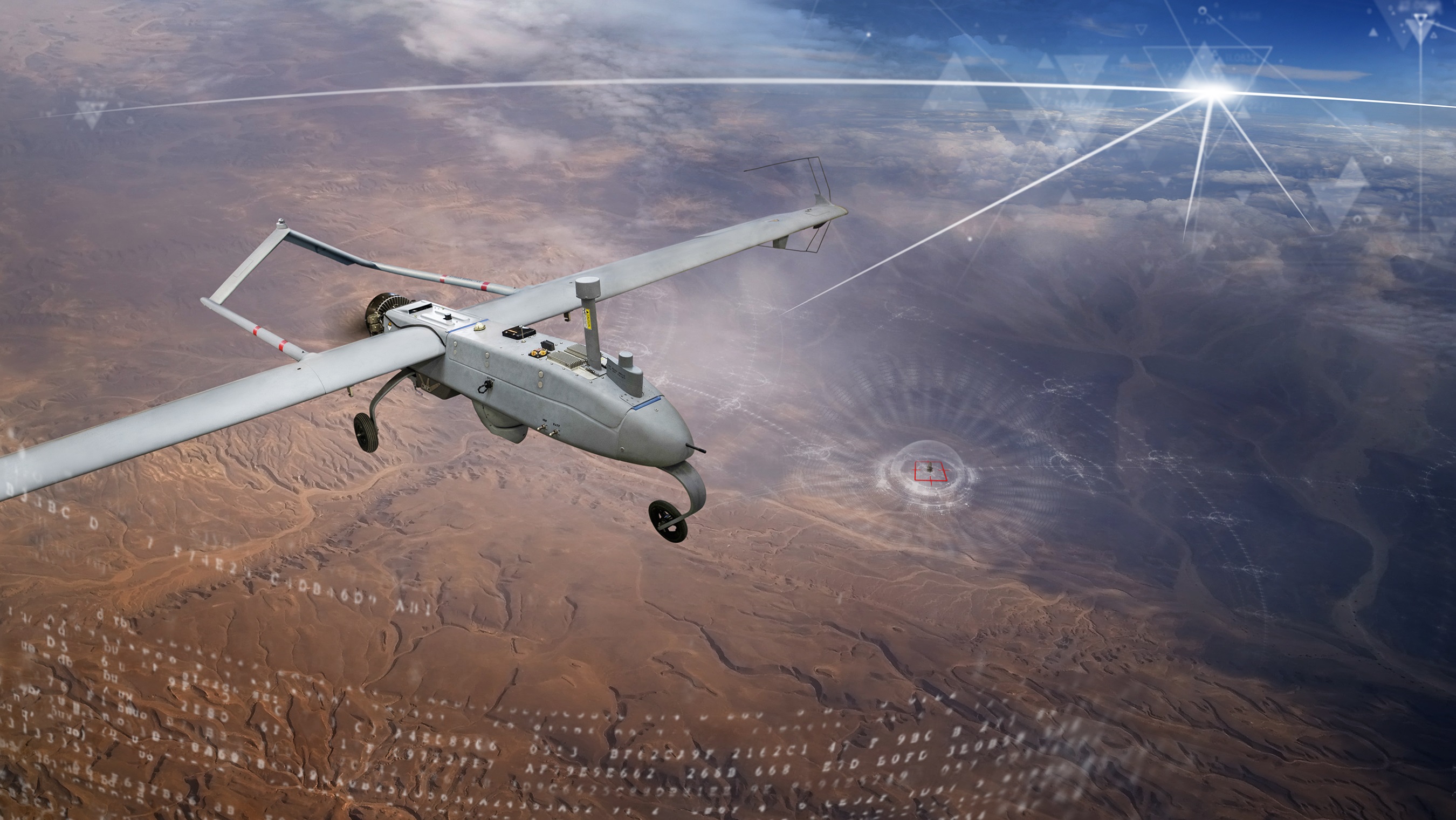 A small unmanned aerial vehicle flies over a desert. Stylized GPS signals provide information to the aircraft.
