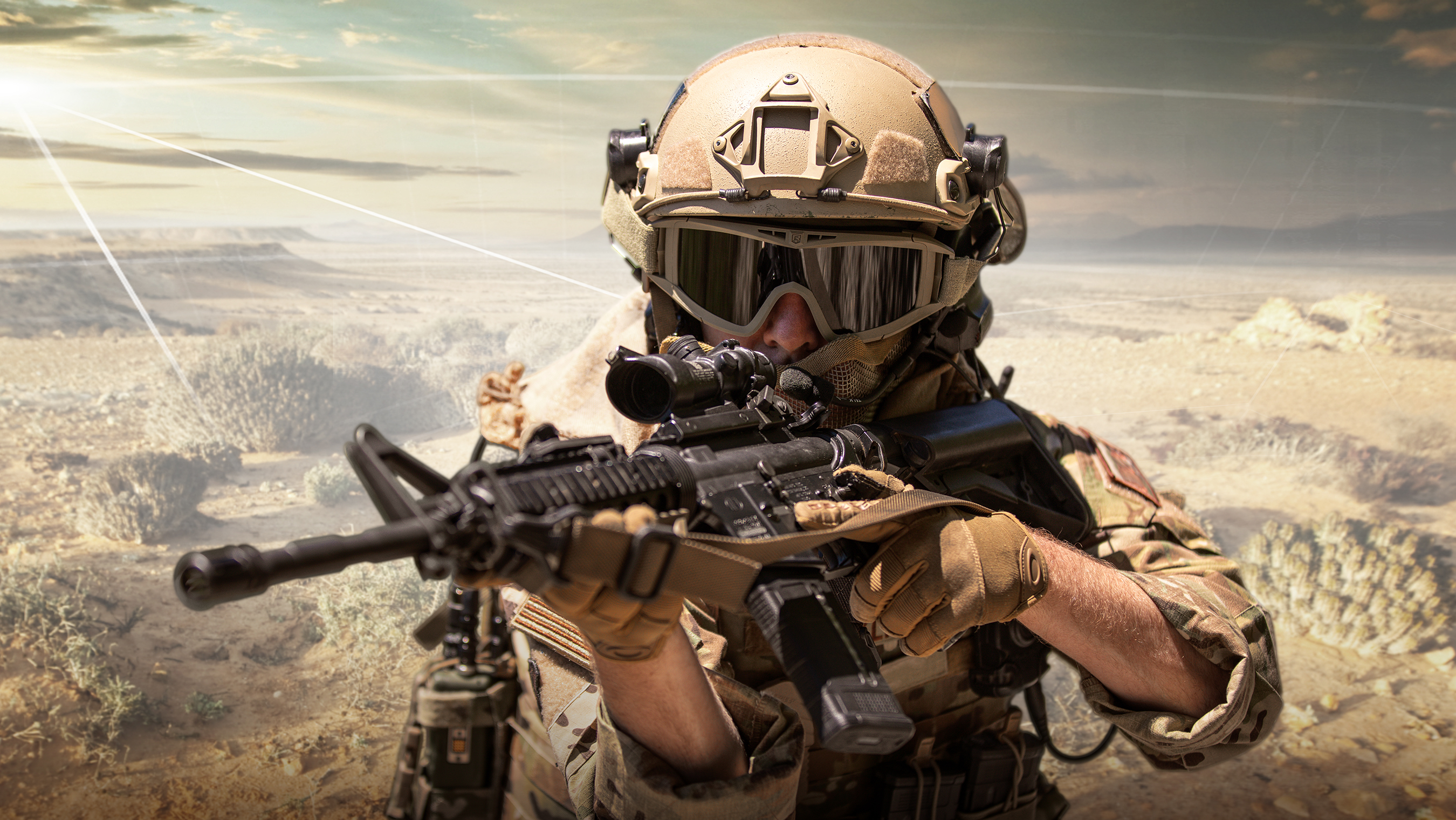 A soldier crouches, ready to fire his weapon. Artistic representations of GPS signals stream from a satellite in the background.