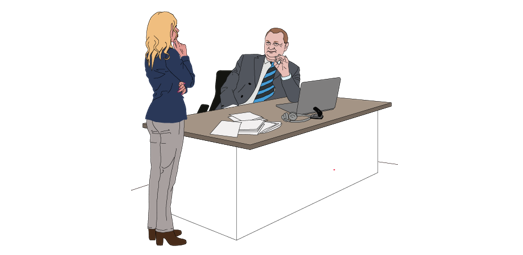 Male and female animated characters chatting by a desk