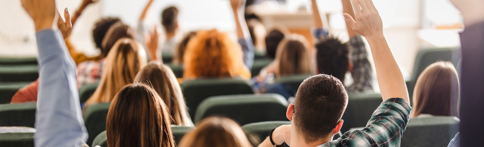 University students in class with backs to camera and hands raised