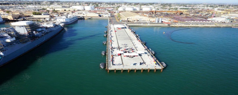 We just built a new pier at our San Diego shipyard. The new Pier 4, at 415 feet long and 64 feet wide, replaces a 52-year-old pier and includes new services such as fresh water, electrical, sewage, and storm water containment.