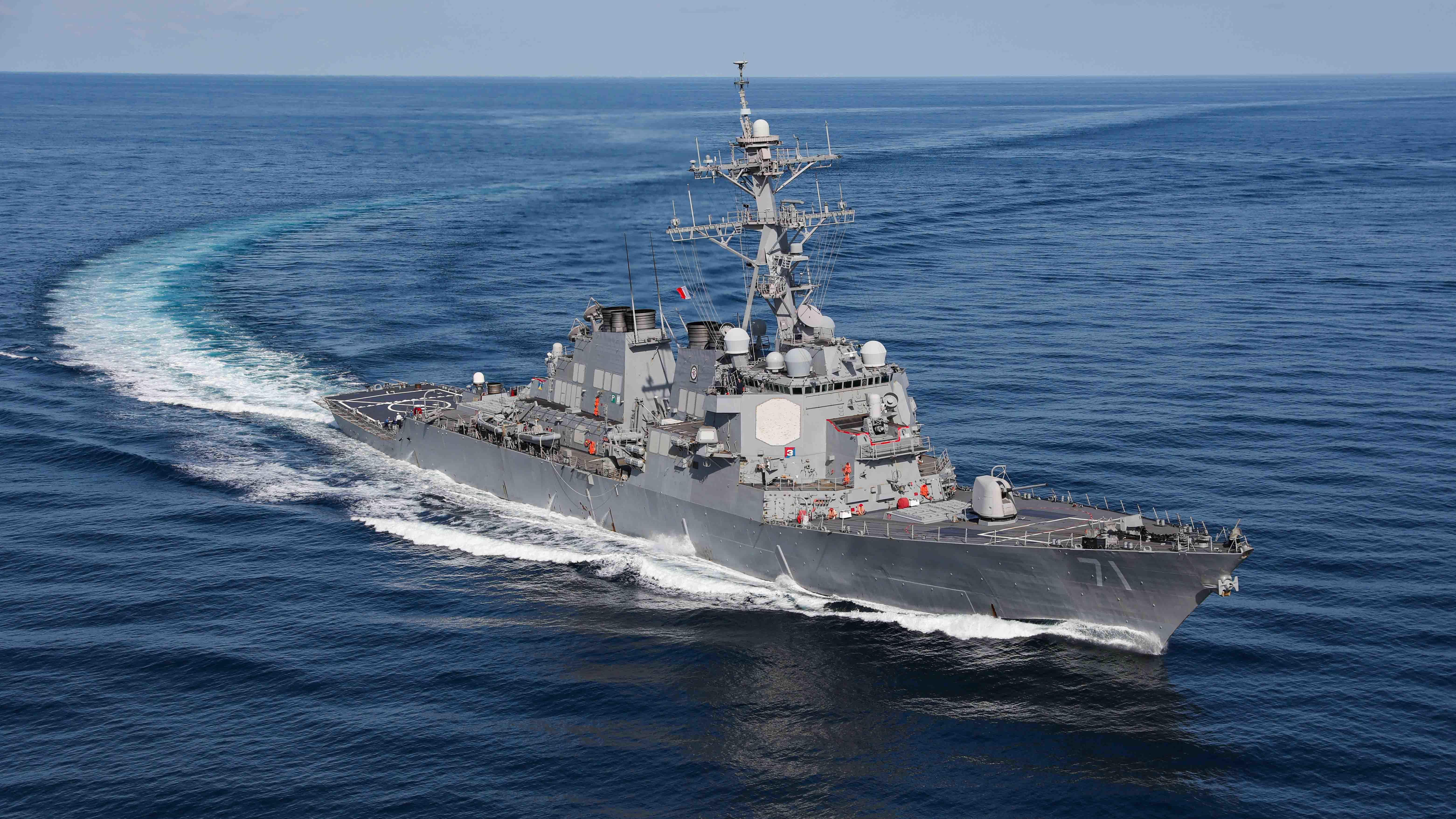 The Arleigh Burke-class guided-missile destroyer USS Ross (DDG 71) transits the Mediterranean Sea. U.S. Navy photo.