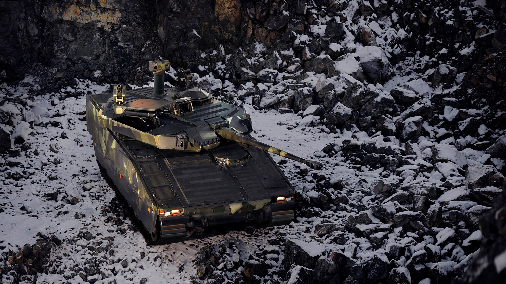 A CV90 MkIV with D-series turret holding watch in a snow covered rocky location. 