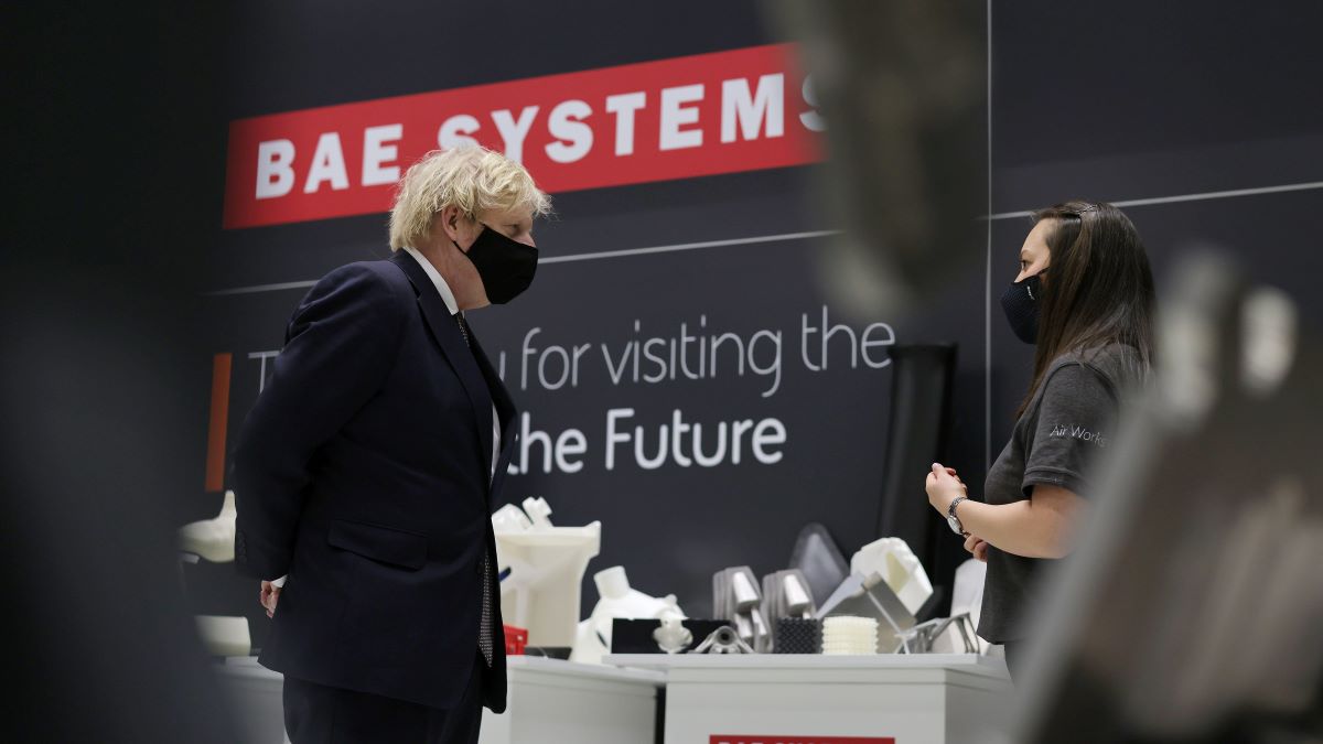 Prime Minister Boris Johnson during a visit to BAE Systems’ Warton facility on March 22, 2021