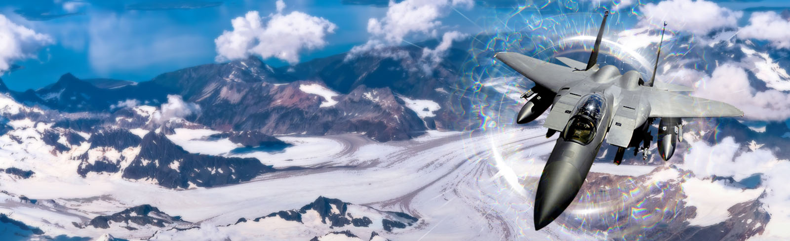 An F-15 in flight against a backdrop of blue sky and clouds. An artist’s rendering depicts electromagnetic energy surrounding the aircraft.