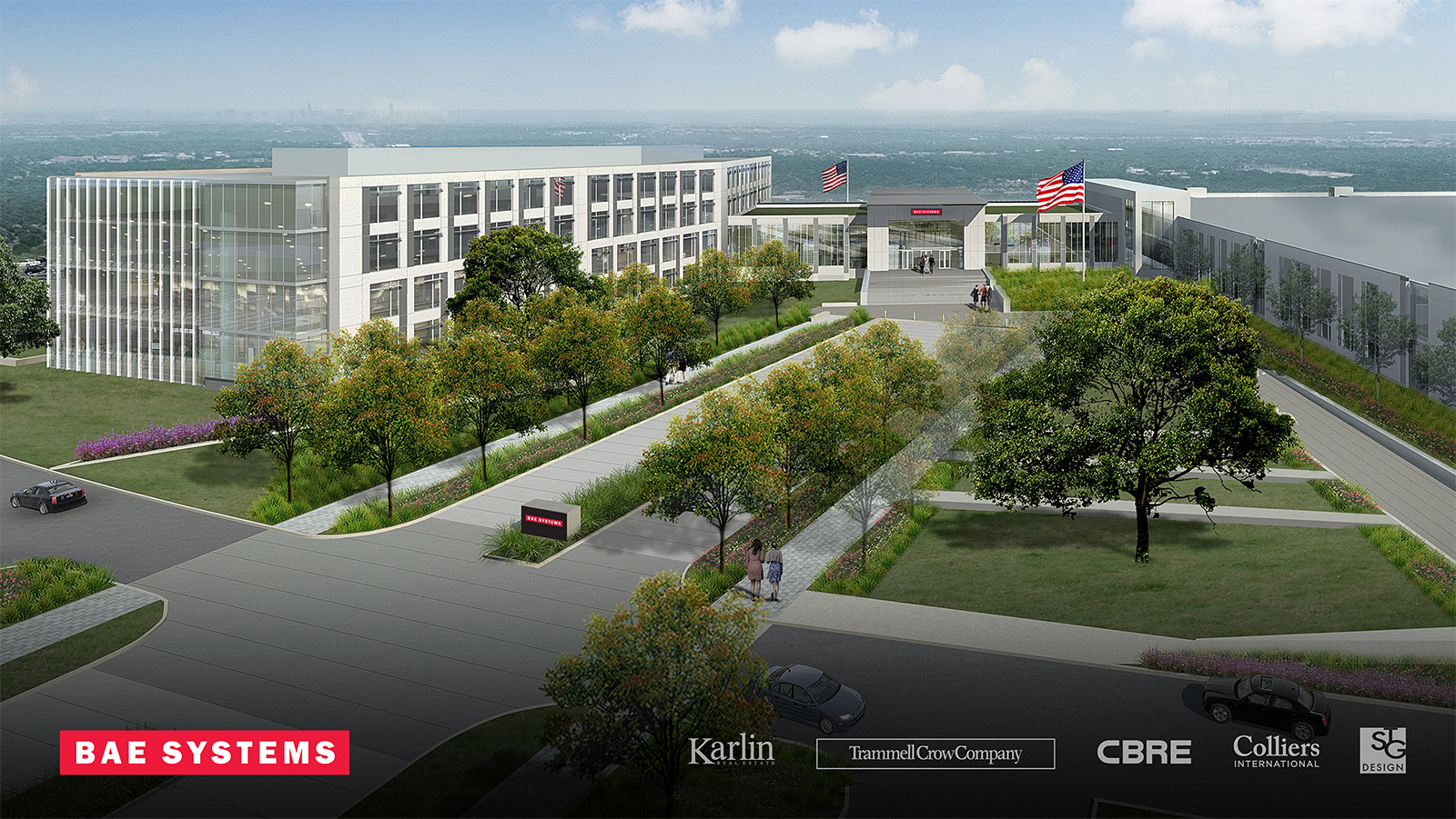 Rendering of new office building in Austin Texas features white, four-story, U-shaped office building with American flags, bordered by trees with skyline in the distance.