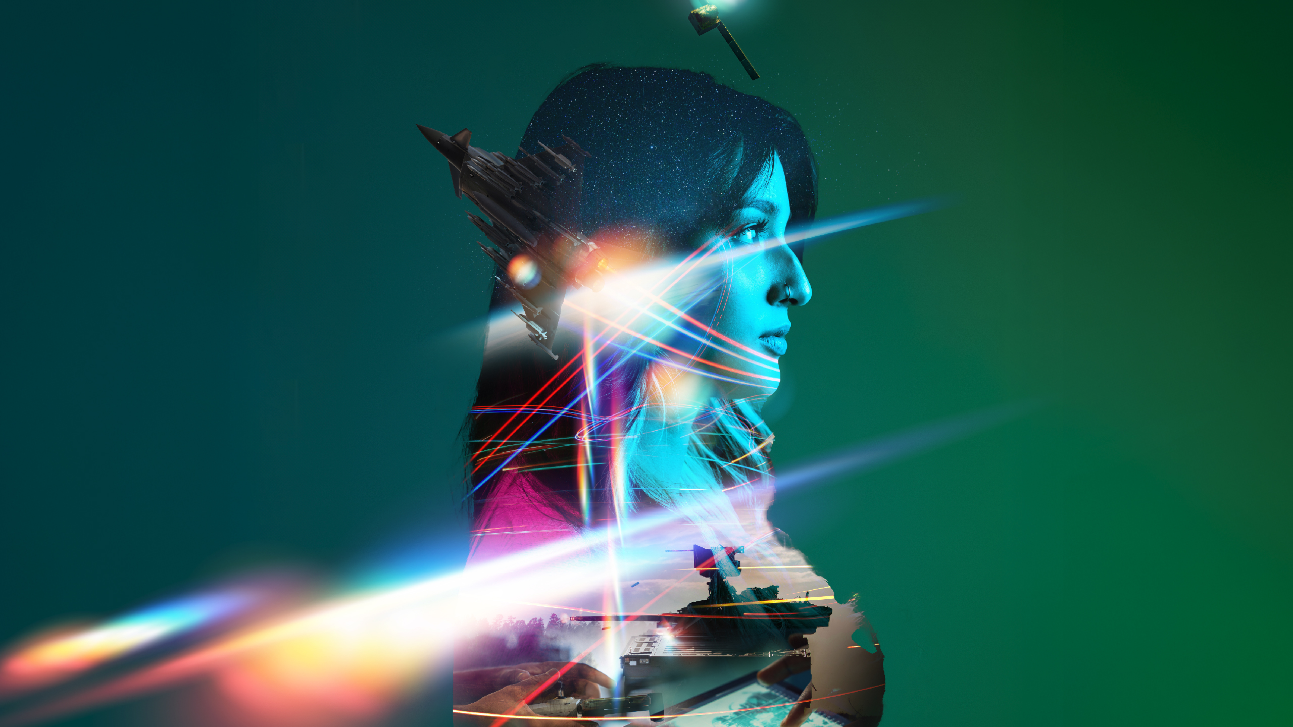 Abstract picture of a woman fighter jet and tank