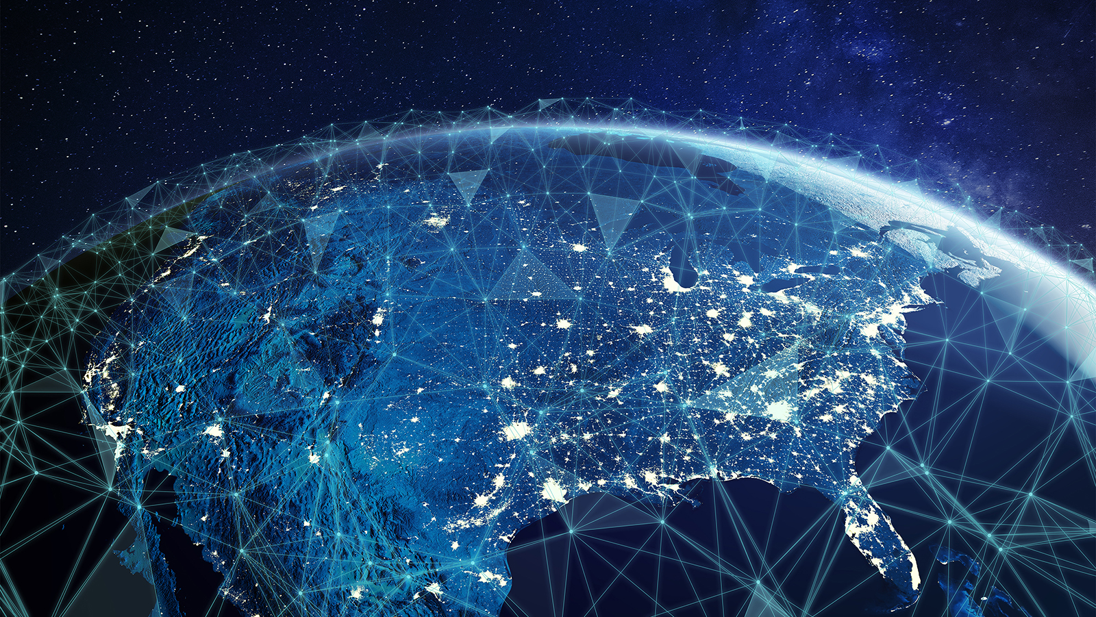 A blue tinted image of earth from space, networks of light are visible on the continents, a blue triangular grid is overlaying Earth