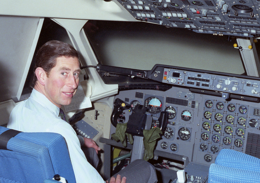 Prince Charles at British Aerospace, Hatfield trying the BAe 146 Flight Simulator.