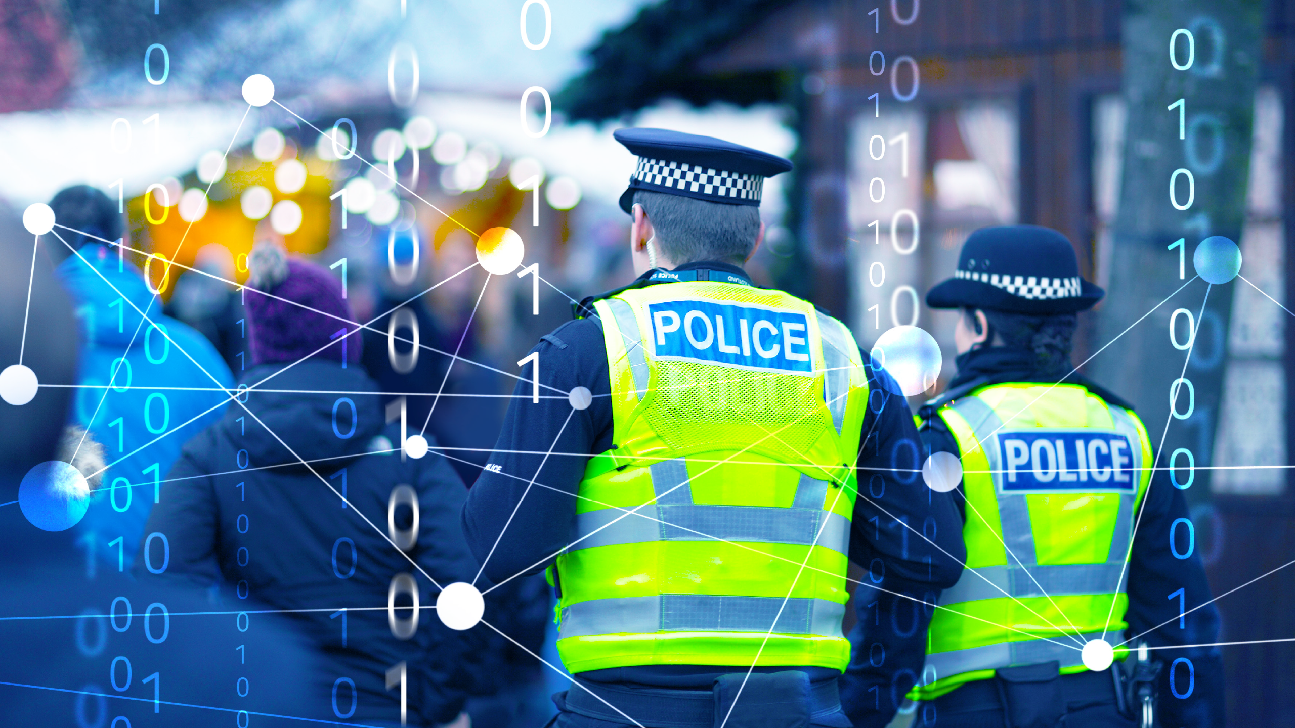 abstract design of UK police surrounded by data 
