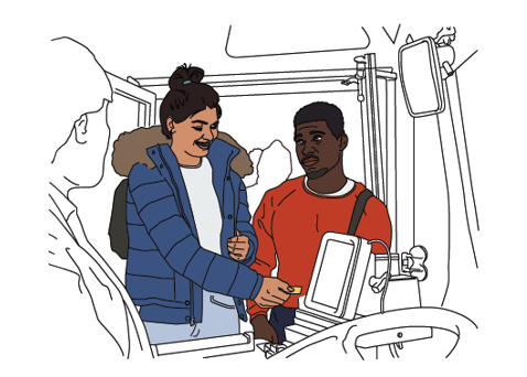 Male and female animated characters getting on a bus