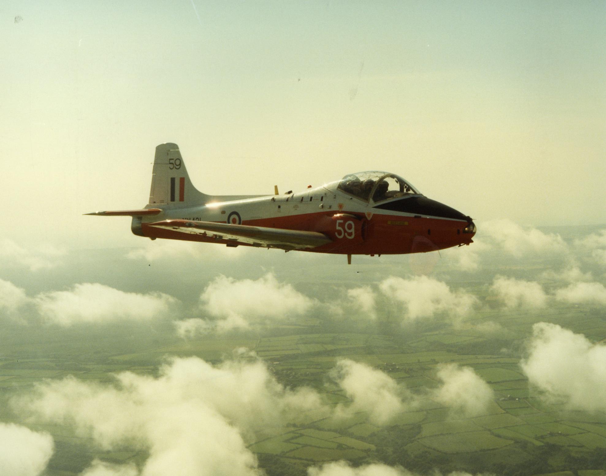 RAF Jet Provost trainer in flight, 1960s.