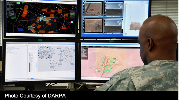A soldier at computer works on activity based intelligence. 