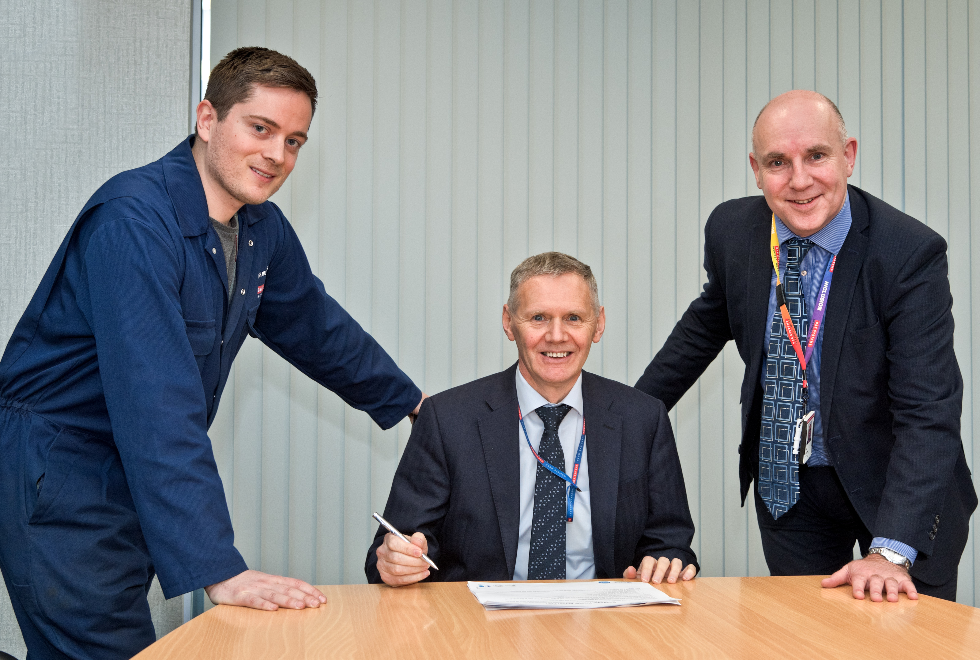 Image of (L-R) Slinger Ash Hutchinson, Cliff Robson and SHE director Ian Burns as the 'Time to change' Employers Pledge was signed. 