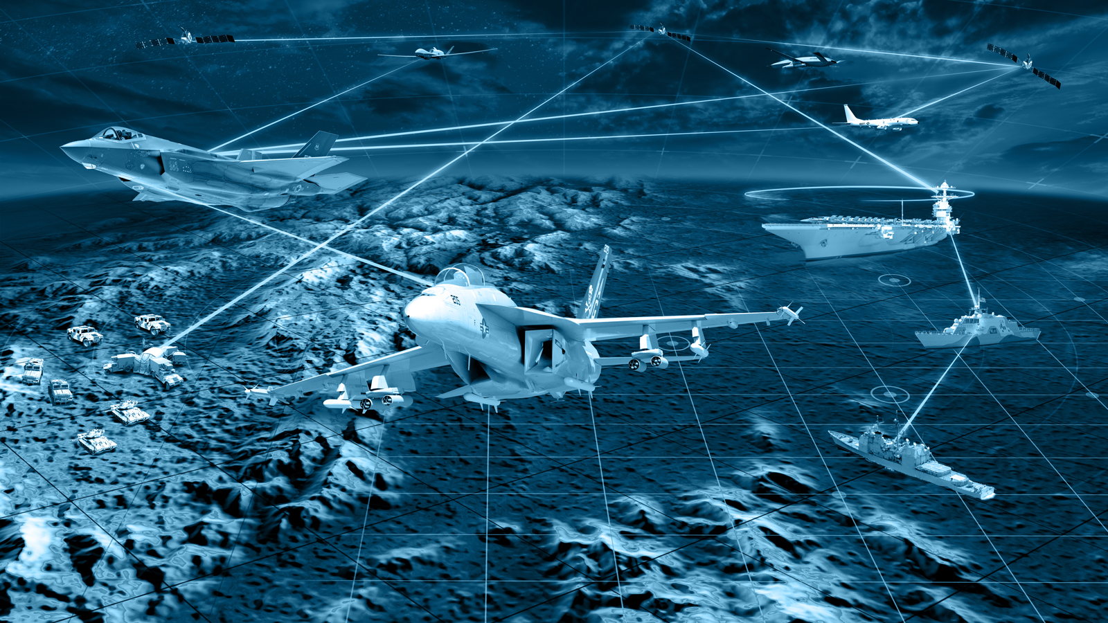 Different U.S. aircraft, UAV, ships, and ground assets are all connected with automated and shared data to track, maintain, and engage high-value objects across domains