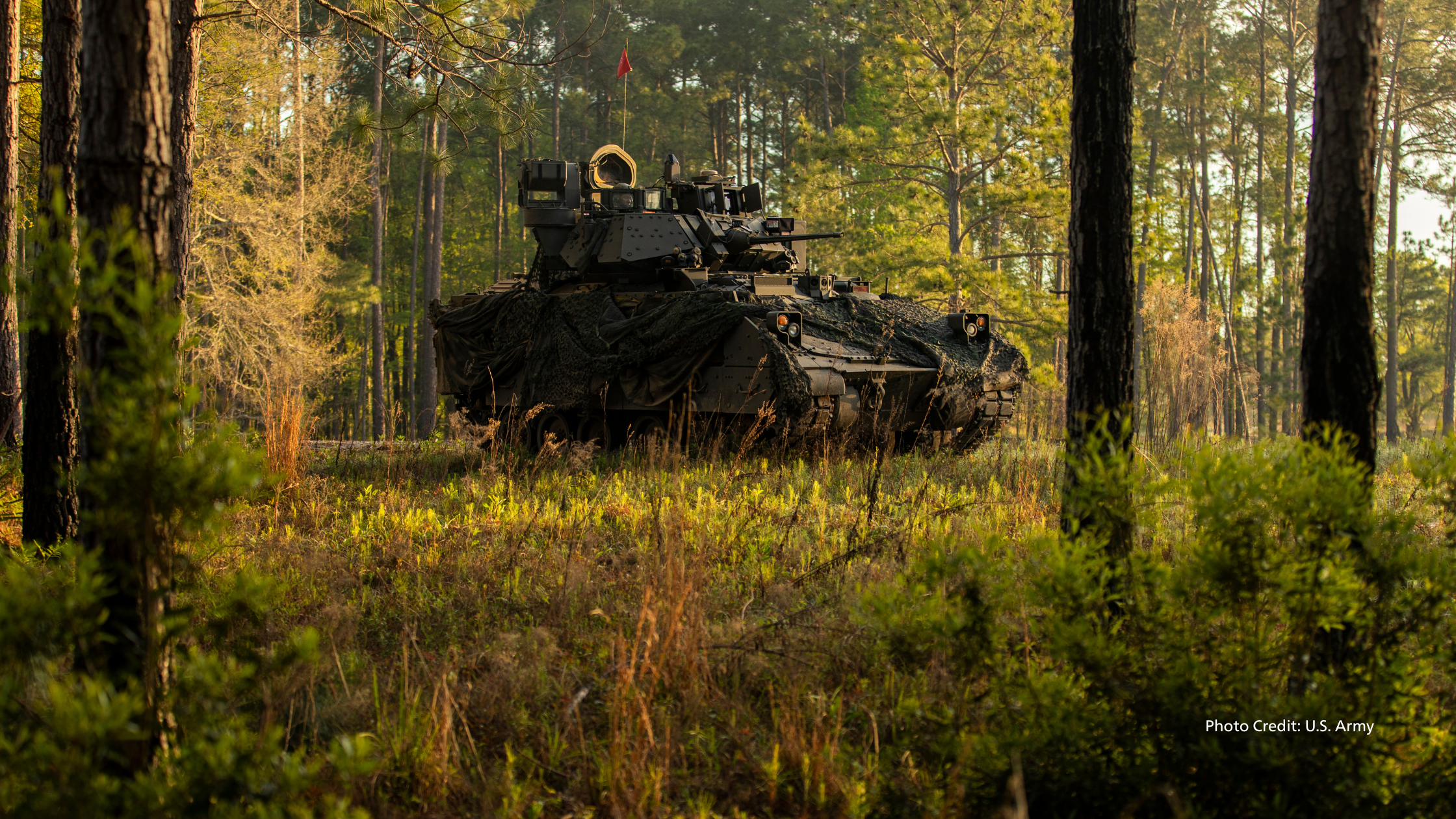 An infantry fighting vehicle in the woods during a training exercise.