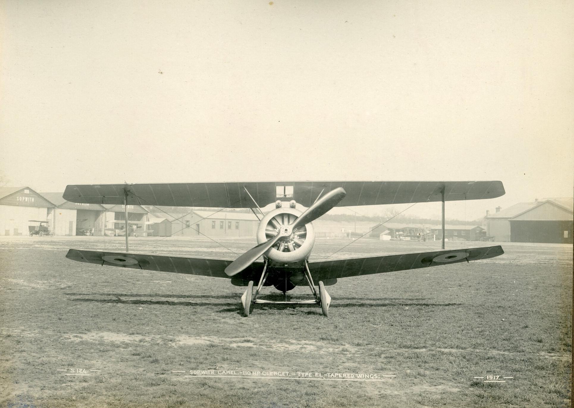 D604 37 Sopwith Camel F1 tapered wings 110hp Clerget, head-On view, 1917.