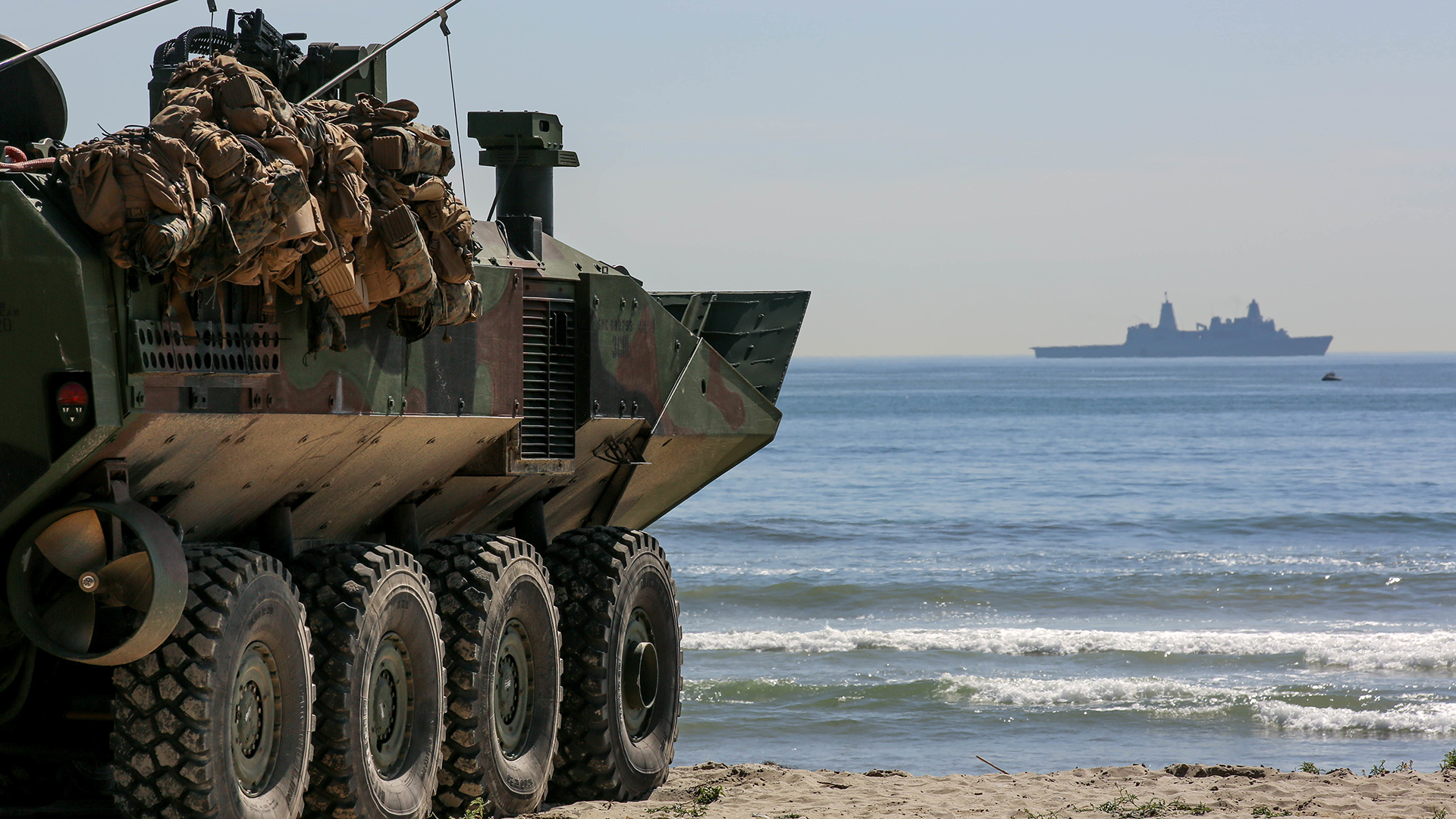 A U.S. Marine Corps Amphibious Combat Vehicle with 3d Assault Amphibian Battalion, 1st Marine Division, prepares for launch during a shore-to-ship and ship-to-shore training event at Marine Corps Base Camp Pendleton (USMC photo)