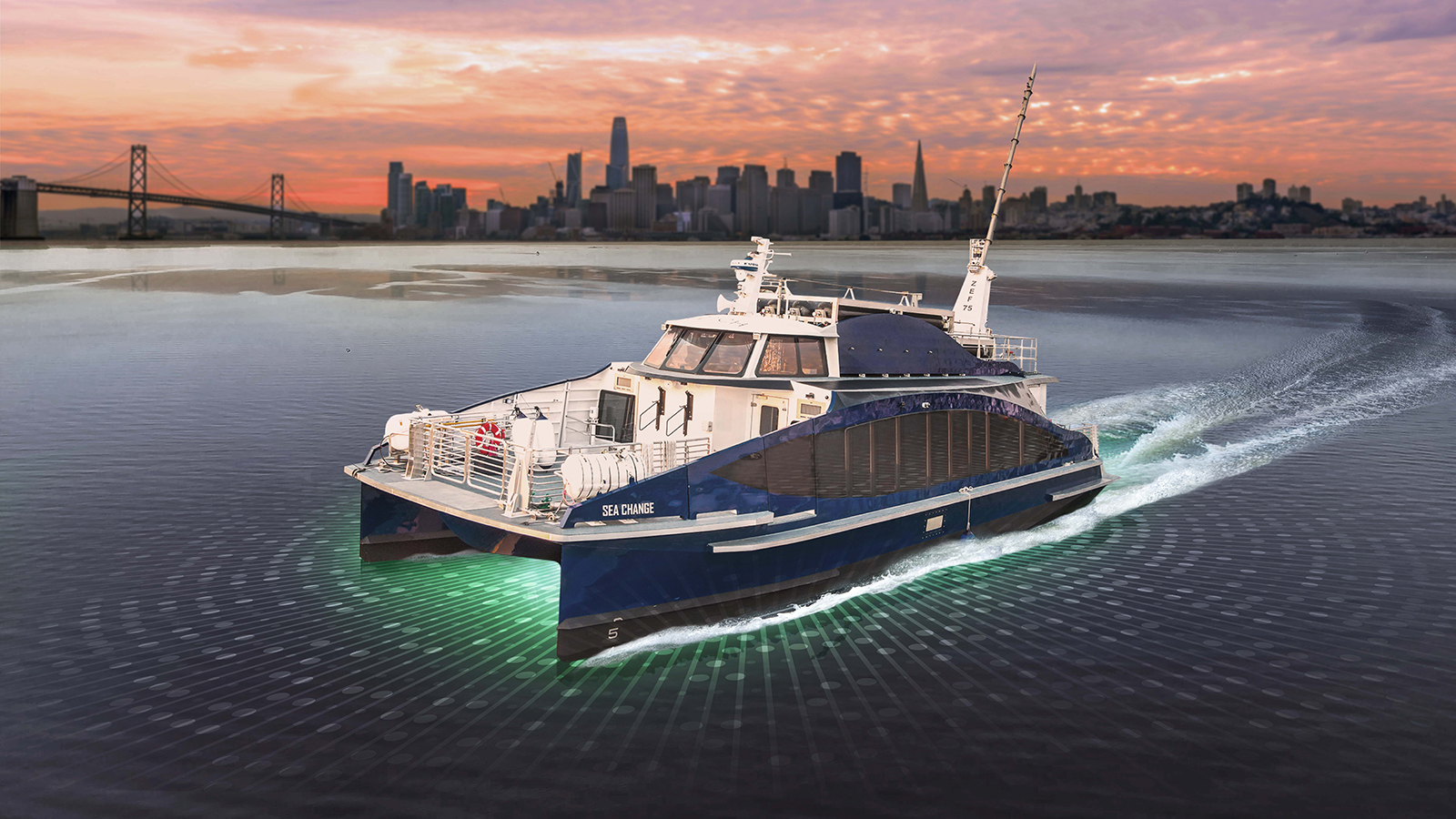 Artist rendering of Sea Change vessel moving through water using electric propulsion technology.