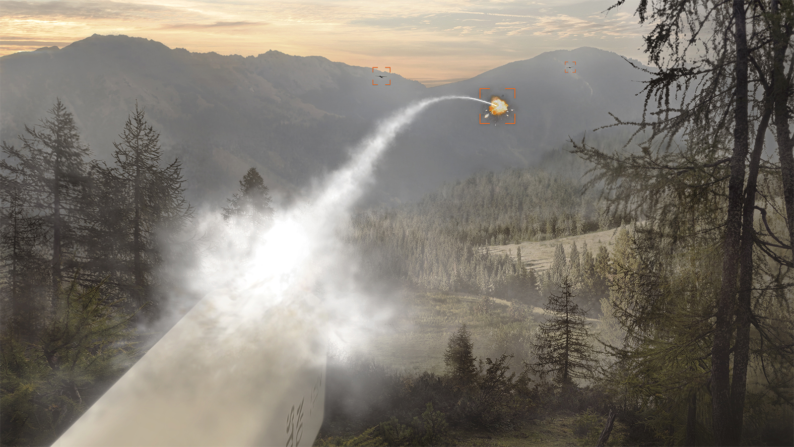 An APKWS laser-guided rocket destroys an airborne drone in the distance.