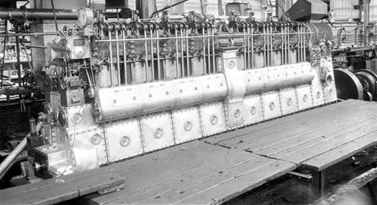 Submarine, Astute (A Class). Starboard diesel engine in workshop. Credit: The Dock Museum
