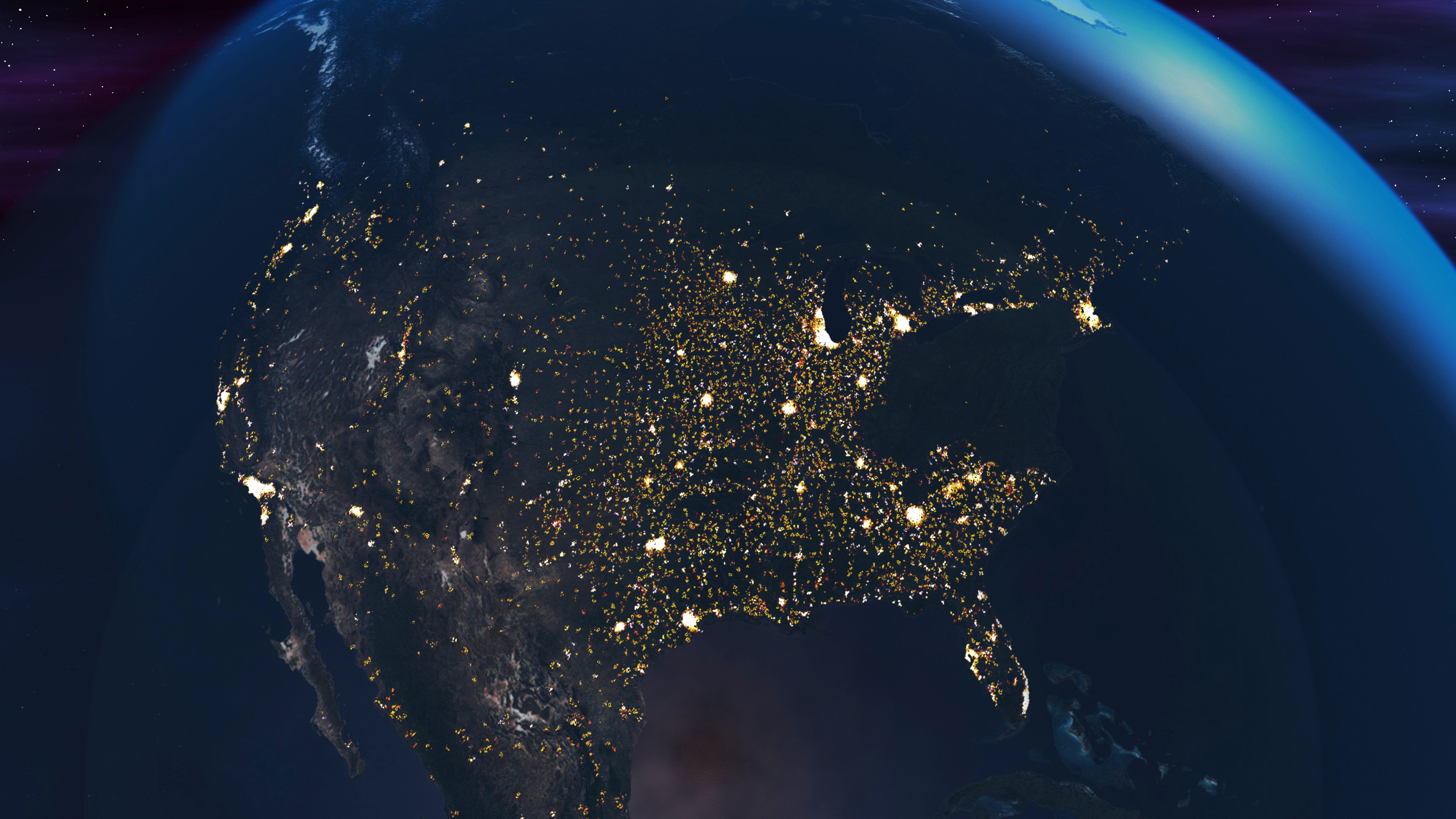 Global image of the U.S. at night with a black-out of the power grid in the northeast