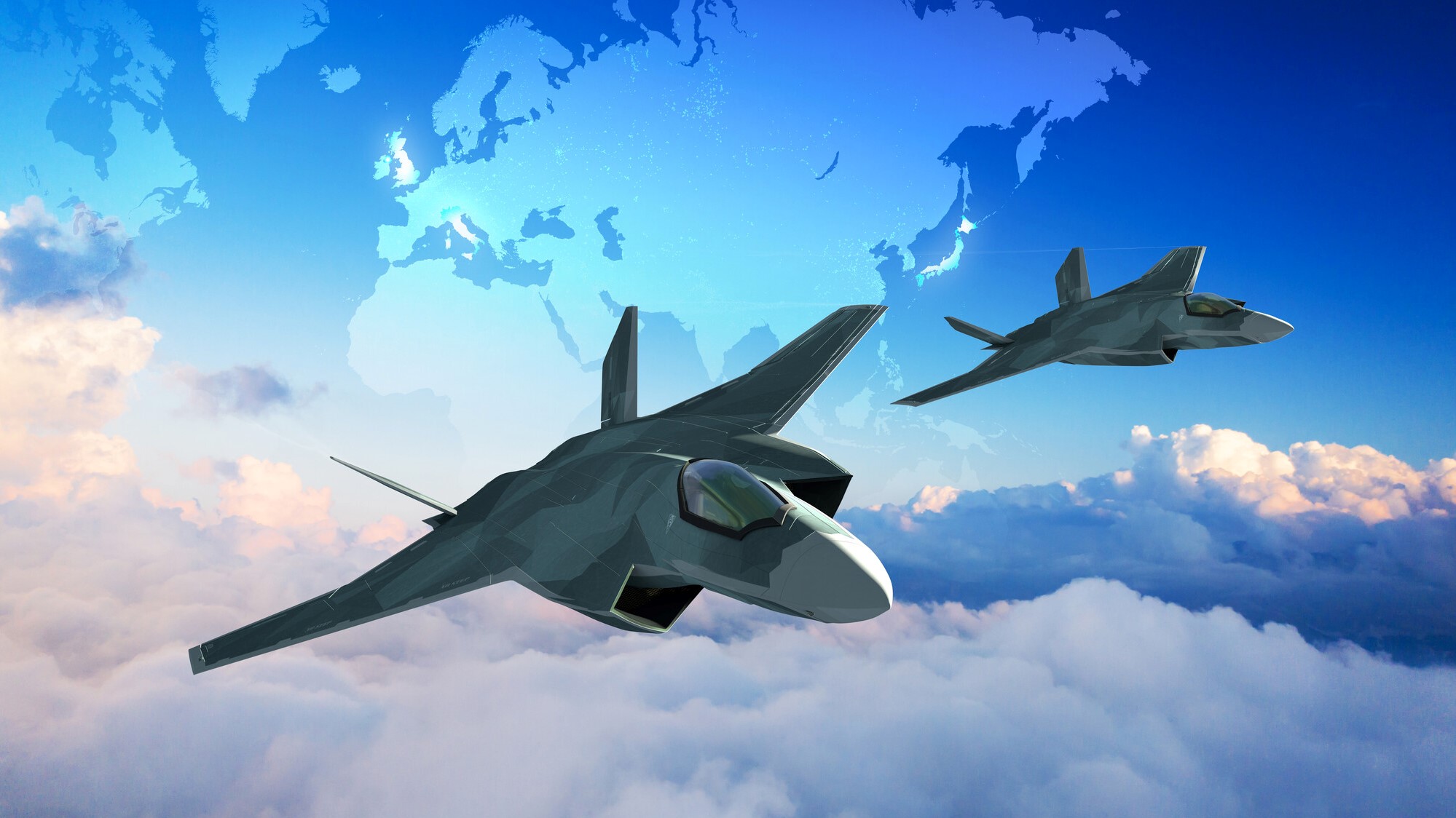 Tempest concept model in flight with map in background. Map highlights UK, Italy and Japan, the three nations partnered on the Global Combat Air Programme. 