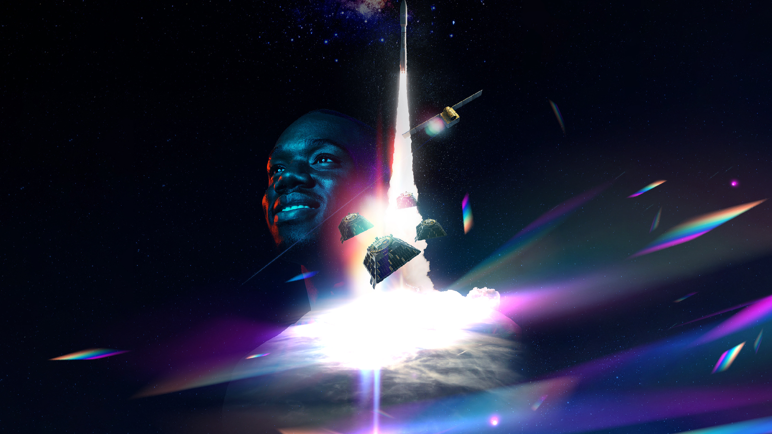 Abstract image of a man in space with satellites around his head