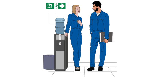 Male and female animated characters standing at a water cooler
