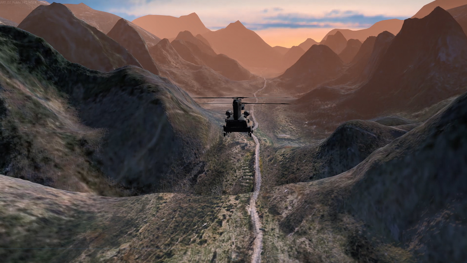An Apache helicopter flies away through rough, mountainous territory, protected from potential IR and RF threats by BAE Systems’ effective, small form full-spectrum Smart D2™ self-protection system for new and legacy aircraft.