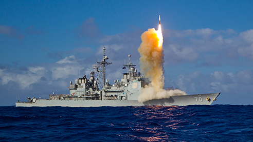 A Standard Missile – 3 Block 1B interceptor is launched from the USS LAKE ERIE during a Missile Defense Agency and U.S. Navy test in the mid-Pacific (photo courtesy of the Missile Defense Agency).